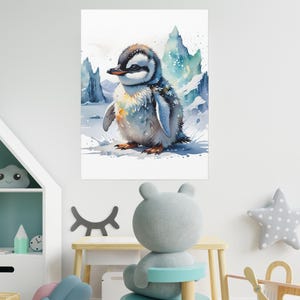 Penguin Canvas Art | Cute Animal Print for Nursery & Playroom, Ice Theme Kids Room Wall Decor, Arctic Wildlife Art