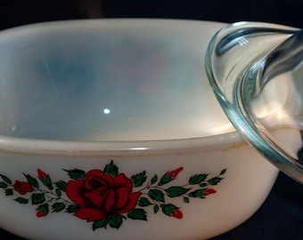 Fuente de horno con tapa Jenaer Glas vintage – Cacerola de vidrio resistente al calor Schott Mainz – Estampado floral de rosas rojas – c. 1960
