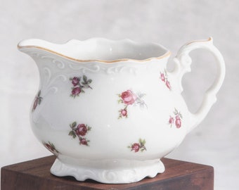 Jarra de crema antigua de porcelana Victoria Carlsbad, circa 1900, jarra de leche de porcelana estilo bohemio, borde dorado con estampado de rosas, pieza de juego de té victoriano