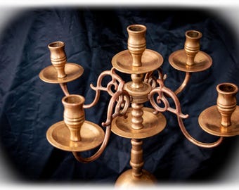 Large Victorian Brass Five-Light Candelabrum | Dutch-Style Antique Candle Holder