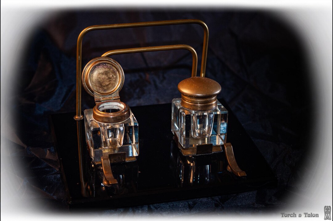Crystal Ink Pot Art Deco Double Inkwell Stand Black Glass Brass Desk Set C1925-1930 ...