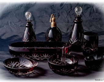 bohemia crystal dressing table set Antique Ruby Red Cut to Clear Vanity c.1900 Bohemian Set Perfume Atomizer Bottle Tray Set Size:Mens 8 Art Deco Czech Bohemian event_edit ZAFUL Ribbed Cinched Bodycon