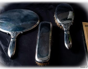 Georg Nilsson for Gero Silver Plated Vanity Set, Dutch Art Deco Dressing Table Set, Mirror Brush Comb Set, Gero 90 Silverplate