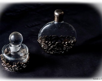 Antique Art Nouveau Perfume Bottle Set c.1900–1915 | Silver Plated Floral Glass Bottles | Edwardian Vanity Decor | Pair of Scent Bottles