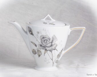 Théière en porcelaine Karolina Pologne vintage, théière de style art déco avec rose monochrome, théière en porcelaine fine polonaise, vintage élégant