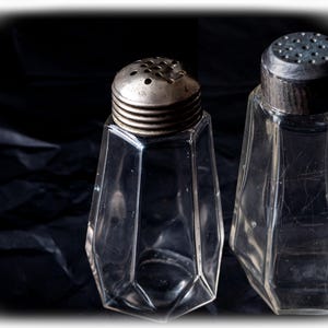 Vintage Uranium Glass Salt & Pepper Shakers Pair, Large Art Deco Pressed Glass Condiment Set, UV Reactive Clear Glass, 1930s Tableware