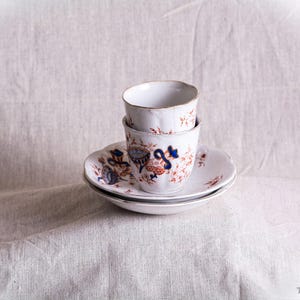 Antique Petrus Regout Maastricht Cups & Saucers, MANAS Pattern Dutch Transferware Tea Bowls, Sphinx Mark Porcelain Set c1890