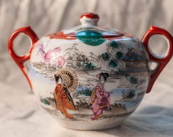 Antique Japanese Dai Nippon Porcelain Sugar Bowl c1900 Hand Painted Geisha Scene Lidded Pot Meiji Export Ware Gilt Decor