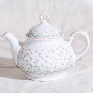 Könnte beinhalten: Weiße Keramik-Teekanne mit Deckel, verziert mit einem zarten Blumenmuster in Rosa und Grün. Die Teekanne hat einen gebogenen Ausguss, einen Henkel und einen passenden Deckel mit einem Schlaufengriff. Das Design umfasst einen rosafarbenen Rand.
