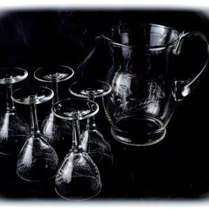 Vintage Crystal Wine Glasses Set with Jug, Hand Engraved Wheat Pattern, Interwar European Glass, UV Reactive Uranium Glow, Cottagecore Table