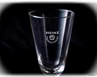Bicchiere promozionale vintage Heinz 57 “Tomatensap” con stelo reattivo all'uranio – anni '40/'50 circa