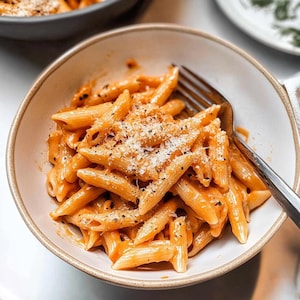 May include: A beige bowl filled with penne pasta coated in a vibrant orange sauce. The pasta is topped with grated cheese and black pepper. A silver fork is placed in the pasta, ready to eat. The dish is the main focus.