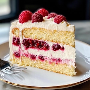 Puede incluir: Una porción de pastel en capas con bizcocho amarillo claro, glaseado blanco y relleno de frambuesa. El pastel está cubierto con frambuesas rojas frescas y se sirve en un plato blanco con borde dorado. Hay un tenedor plateado.