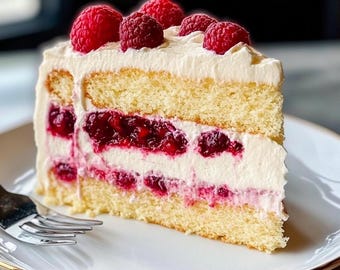 May include: A slice of layered cake featuring a light yellow sponge, white frosting, and a raspberry filling. The cake is garnished with fresh red raspberries and presented on a white plate with a gold rim. A silver fork is visible.