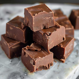 May include: A close-up shot of several pieces of dark chocolate fudge stacked on top of each other. The fudge is a rich, dark brown color with a glossy surface and a slightly rough texture. The pieces are square-shaped and appear to be freshly made.