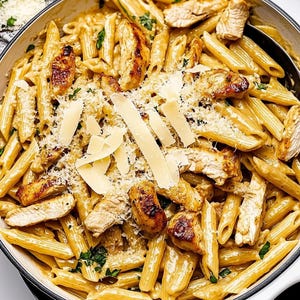 Makaron z kurczakiem i czosnkiem w sosie parmezanowym | Kremowy przepis na danie comfort food inspirowane kuchnią włoską