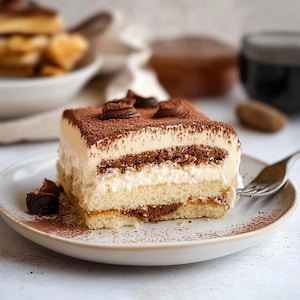 Könnte beinhalten: Ein Stück Tiramisu-Kuchen auf einem weißen Teller. Der Kuchen hat Schichten aus hellem Biskuit, cremiger Füllung und einer Bestäubung mit Kakaopulver. Schokoladenstücke liegen oben auf dem Kuchen. Eine Gabel liegt auf dem Teller.