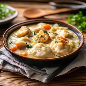 May include: A close-up shot of a bowl of chicken and dumplings. The creamy broth contains large, fluffy dumplings, chunks of carrots, and herbs. The bowl sits on a wooden surface with a cloth napkin.