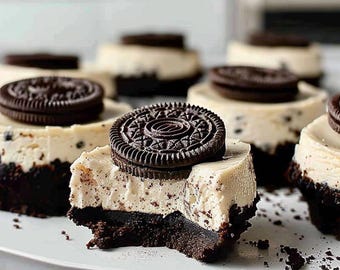 May include: A plate of mini cheesecakes topped with Oreo cookies. The cheesecakes have a creamy white filling and a chocolate cookie crust. One cheesecake has a bite taken out of it.