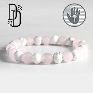 Pulsera de cuarzo rosa esmerilado y howlita: cuentas de piedras preciosas naturales de 8 mm, energía de amor y calma, apoyo para los chakras del corazón y la corona, regalo para ella y él.