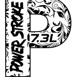 Puede incluir: Gráfico en blanco y negro de la letra "P" con las palabras "POWER STROKE" en una fuente estilizada en el lado izquierdo. El lado derecho de la letra está relleno con un diseño floral, y el número "7.3L" está en el centro.