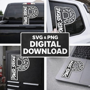 Puede incluir: Una calcomanía Power Stroke blanca y negra con forma de la letra "P" con adornos decorativos. La calcomanía se muestra en la ventana de una camioneta, en la ventana de un automóvil, en un gabinete negro y en una computadora portátil. Un letrero negro dice "SVG & PNG DESCARGA DIGITAL".