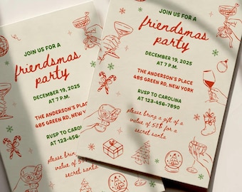 May include: Two cream-colored Friendsmas party invitations with red and green illustrations. The invitations include text, such as the date, time, and location of the party. The invitations also include illustrations of disco balls, snowflakes, and gifts.