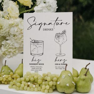 Modèle de signe de menu de bar de mariage, signe de menu de boissons de signature, boissons pour lui et pour elle, menu de bar mariage, signe de menu de bar, carte de cocktails, dessinés à la main