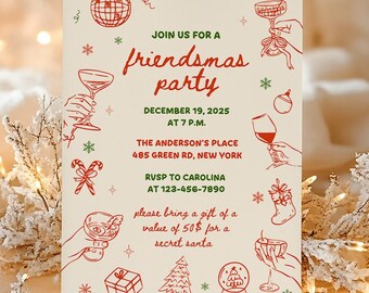 May include: A cream-colored Friendsmas party invitation with red illustrations and text. The invitation includes details such as the date, time, and location. Festive drawings of ornaments, snowflakes, and cocktail glasses decorate the card.