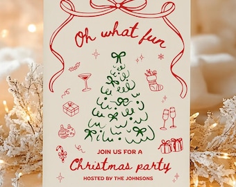 May include: A cream-colored Christmas party invitation with red and green illustrations. The text "Oh what fun" is at the top, with a Christmas tree design and the words "Join us for a Christmas party" below.