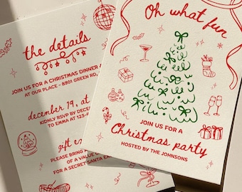 May include: Two cream-colored Christmas party invitations with red and green illustrations. One invitation reads "Oh what fun" with a Christmas tree design. The other says "the details" with event information.
