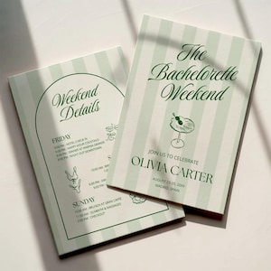 May include: Two cards with a light green and white striped design. One card says "Weekend Details" with a schedule. The other card says "The Bachelorette Weekend" with a cocktail illustration and event details.