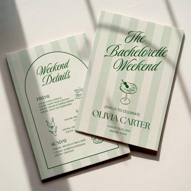 May include: Two cards with a light green and white striped design. One card says "Weekend Details" with a schedule. The other card says "The Bachelorette Weekend" with a cocktail illustration and event details.