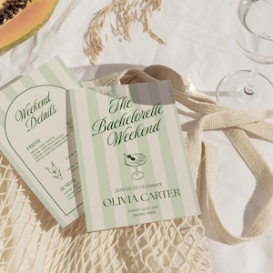 May include: Two invitation cards with green and white stripes. The cards read "Weekend Details" and "The Bachelorette Weekend." The second card includes the text "Join us to celebrate Olivia Carter" and the date and location.