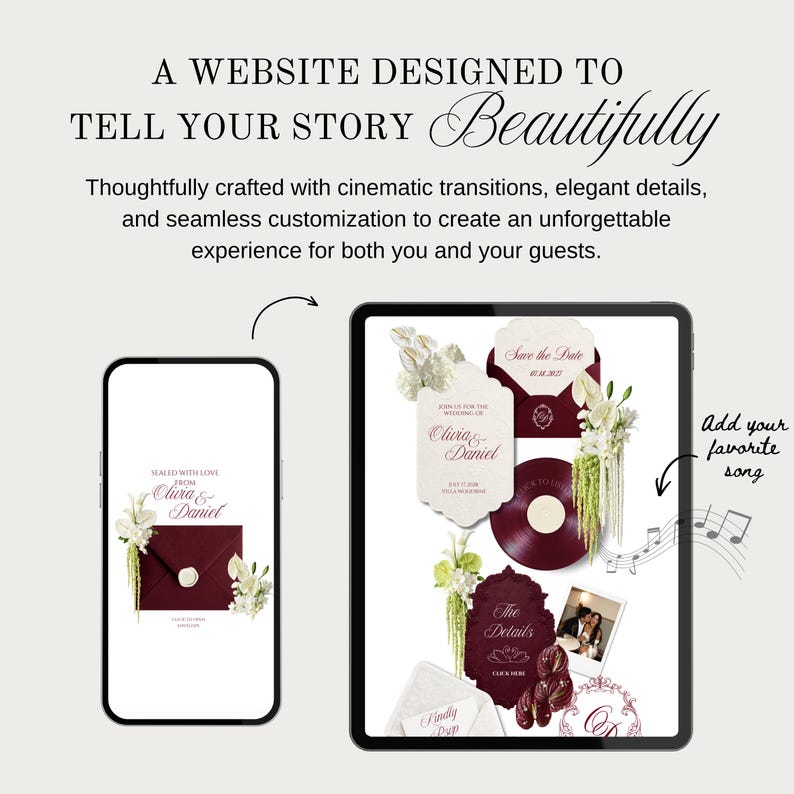 May include: A website design concept displayed on a smartphone and tablet. The design features wedding invitation elements in burgundy and white, including floral arrangements, envelopes, and a vinyl record. Text includes "A WEBSITE DESIGNED TO TELL YOUR STORY Beautifully."