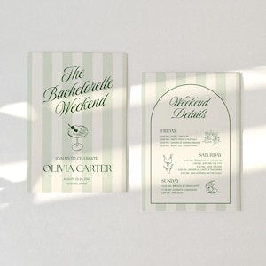 May include: Two cards with a light green and white striped design. The left card says "The Bachelorette Weekend" with event details, including the name Olivia Carter, and the location Madrid, Spain. The right card lists weekend details.