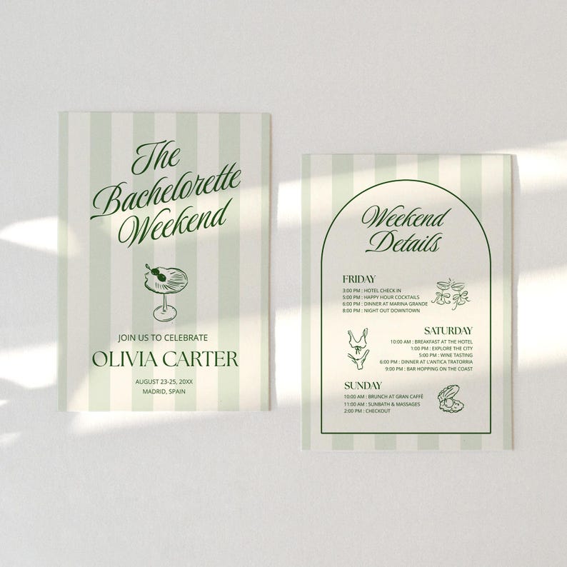 May include: Two cards with a light green and white striped design. The left card says "The Bachelorette Weekend" with event details, including the name Olivia Carter, and the location Madrid, Spain. The right card lists weekend details.