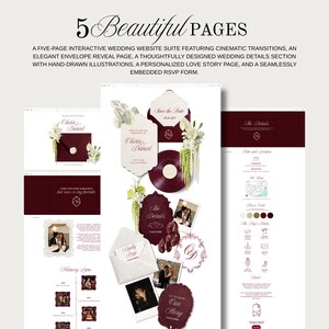 May include: A wedding website suite with five pages, featuring cinematic transitions and an elegant envelope reveal. The design includes hand-drawn illustrations, a love story page, and an RSVP form. The text reads "5 Beautiful Pages".
