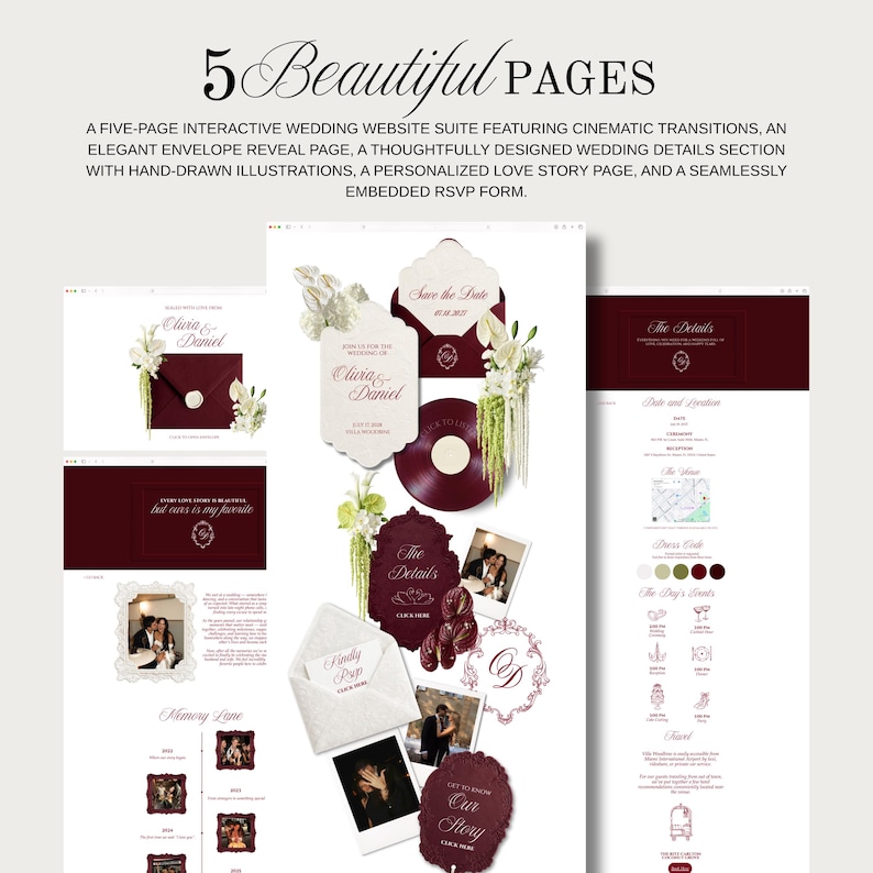 May include: A wedding website suite with five pages, featuring cinematic transitions and an elegant envelope reveal. The design includes hand-drawn illustrations, a love story page, and an RSVP form. The text reads "5 Beautiful Pages".