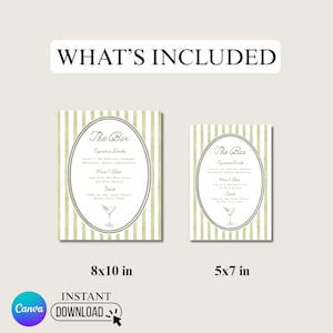 May include: Two bar menu signs, one 20x25 cm and the other 13x18 cm, with a green and white striped background. Each sign has an oval frame with text that reads "The Bar" and lists signature drinks, wine & beer, and spirits. The words "WHAT'S INCLUDED" are at the top.