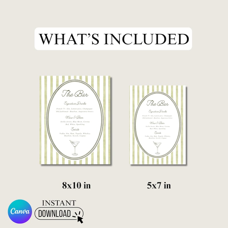 May include: Two bar menu signs, one 20x25 cm and the other 13x18 cm, with a green and white striped background. Each sign has an oval frame with text that reads "The Bar" and lists signature drinks, wine & beer, and spirits. The words "WHAT'S INCLUDED" are at the top.