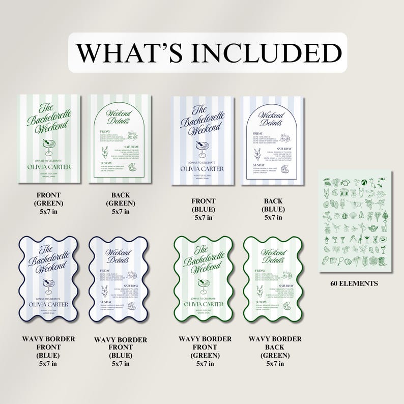 May include: A collection of bachelorette weekend invitation cards and decorative elements. The cards display text such as "The Bachelorette Weekend" and "Weekend Details" in green and blue, with wavy and straight borders. Includes 60 decorative elements.