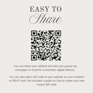 May include: A beige background with the words "EASY TO Share" in elegant script above a black and white QR code. Below the QR code is text about sharing website links and adding QR codes to invitations.