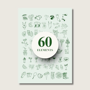 May include: A light green print with 60 hand-drawn elements, including food, drinks, and beach-themed items. A white circle in the center displays the number "60" and the word "ELEMENTS".