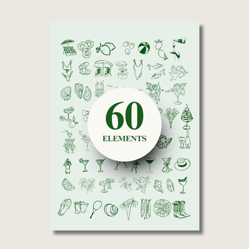 May include: A light green print with 60 hand-drawn elements, including food, drinks, and beach-themed items. A white circle in the center displays the number "60" and the word "ELEMENTS".