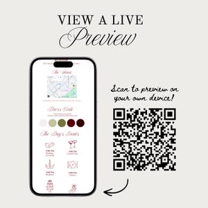 May include: A smartphone displays a wedding event preview with venue details, dress code, and event schedule. The text "VIEW A LIVE Preview" is at the top, with a QR code for previewing on a device. The background is a light beige.