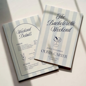 May include: Two rectangular invitations with blue and white striped backgrounds. The invitation on the right reads "The Bachelorette Weekend" with the name "Olivia Carter" and event details. The left invitation lists weekend details.