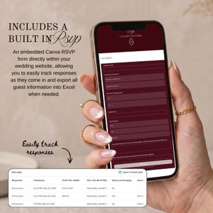 May include: A smartphone displaying a burgundy RSVP form with white text, held by a person with gold rings. The screen shows fields for guest information. Text on the screen includes "GO BACK" and "Open in linked sheet". Additional text reads "INCLUDES A BUILT IN RSVP".