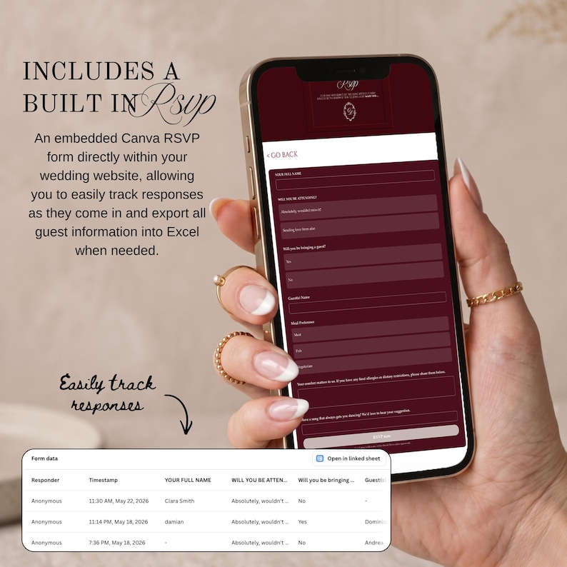 May include: A smartphone displaying a burgundy RSVP form with white text, held by a person with gold rings. The screen shows fields for guest information. Text on the screen includes "GO BACK" and "Open in linked sheet". Additional text reads "INCLUDES A BUILT IN RSVP".