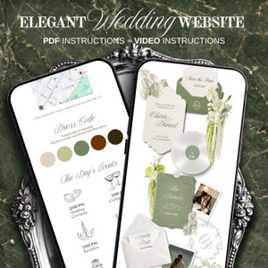 May include: An elegant wedding website design with PDF and video instructions. The design includes a map, dress code, event details, and invitation examples. The colour palette features neutral tones with green accents. The text includes "Elegant Wedding Website".